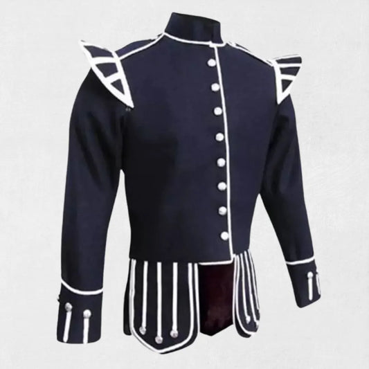 Front view of the Premium Quality Hand-Made Traditional Scottish Blue Military Drummer Doublet, showcasing the vibrant blue color, ornate buttons, and tailored design.