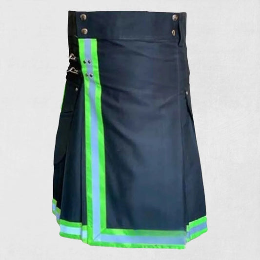  Front view of Premium Hand-Made Traditional Firefighter Kilt with reflective tape and utility pockets