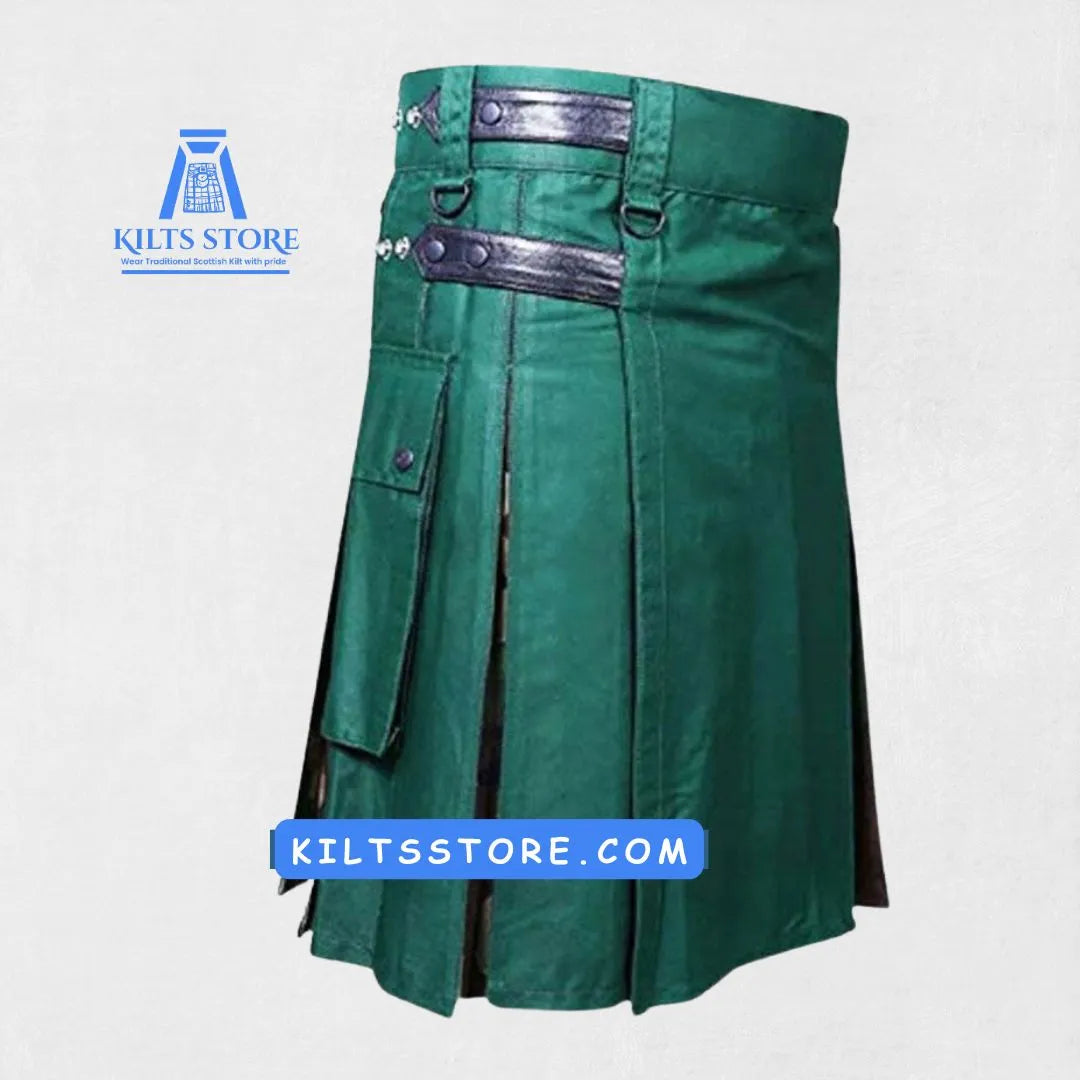 Front view of the Premium Quality Hand-Made Traditional Scottish Hybrid Utility Kilt, showcasing the multiple pockets and classic Scottish design.