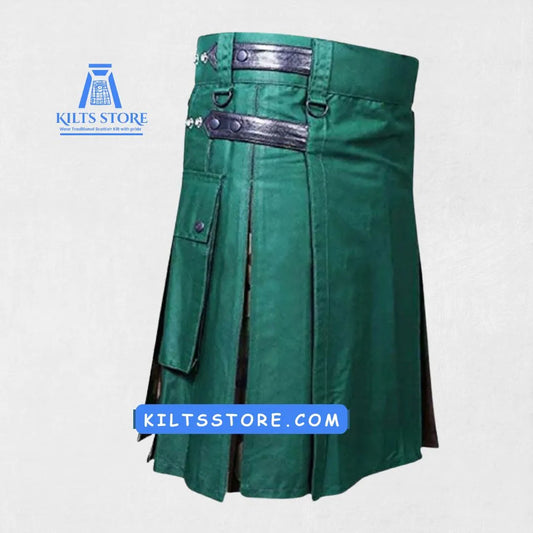 Front view of the Premium Quality Hand-Made Traditional Scottish Hybrid Utility Kilt, showcasing the multiple pockets and classic Scottish design.