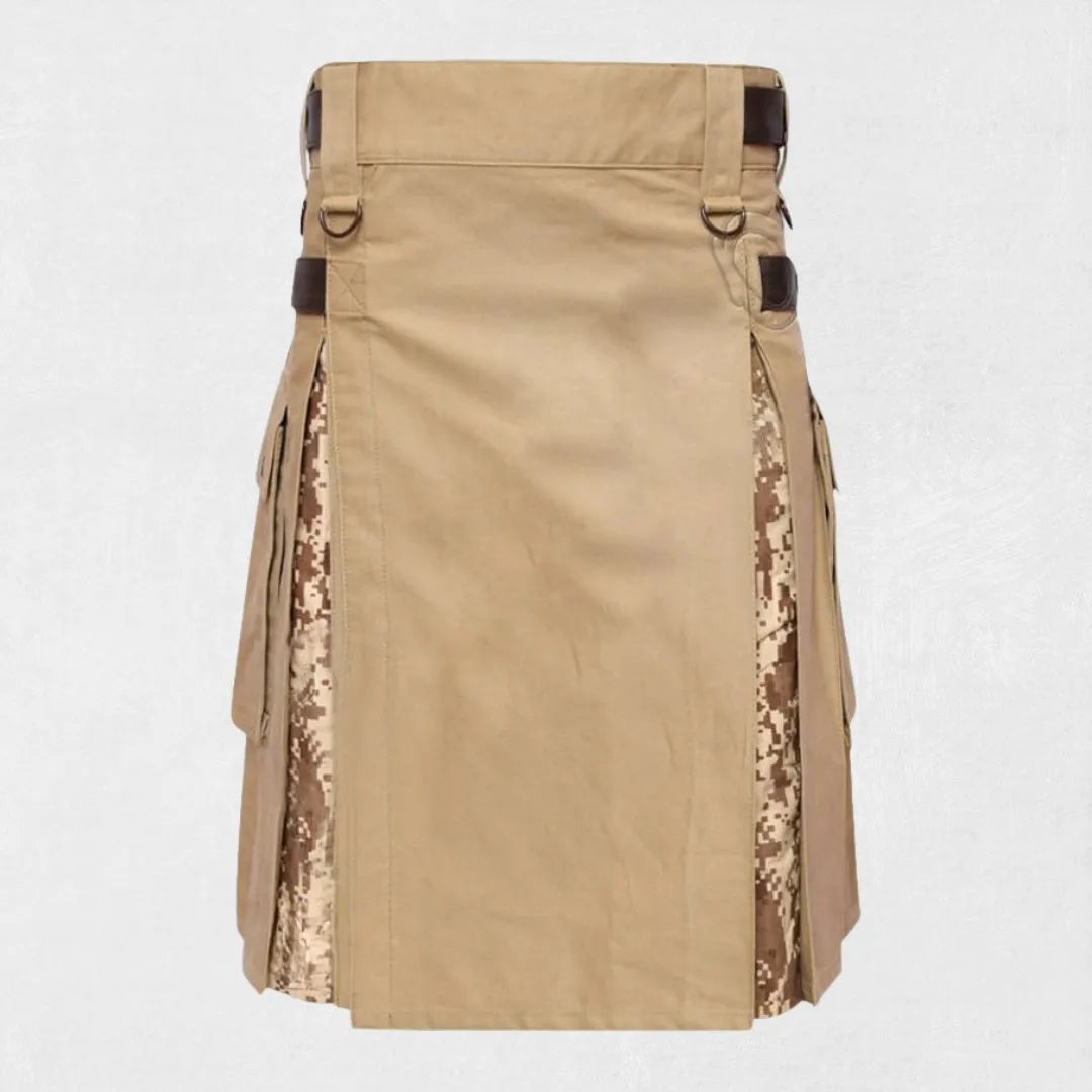 Premium handmade khaki camouflage hybrid kilt with digital pattern, featuring Kiltsstore branding.