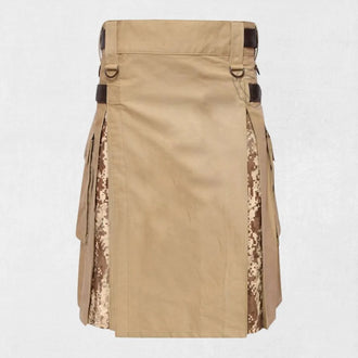 Premium handmade khaki camouflage hybrid kilt with digital pattern, featuring Kiltsstore branding.