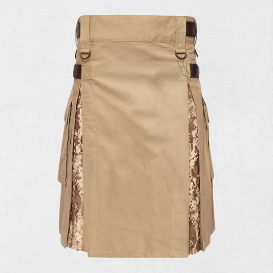 Premium handmade khaki camouflage hybrid kilt with digital pattern, featuring Kiltsstore branding.