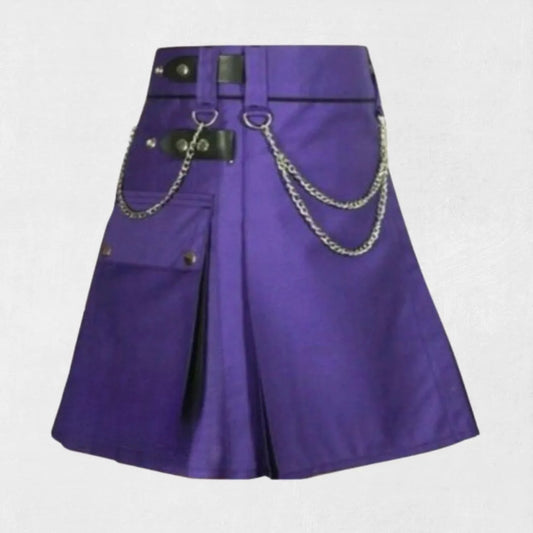Front view of Hand Made Traditional Scottish Purple Utility Kilt with deep pockets and adjustable straps