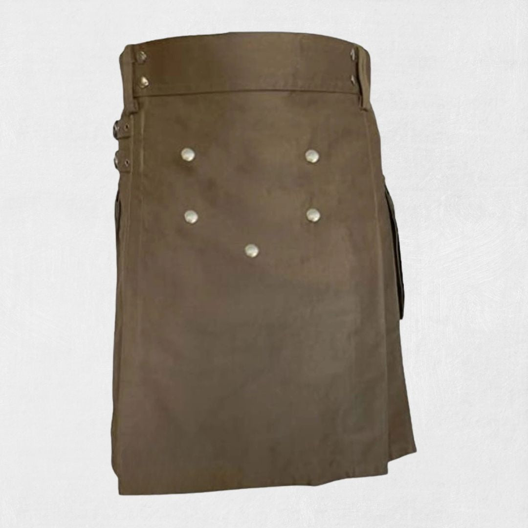 Hand-Made Brown Utility Kilt – Front with Cargo Pockets