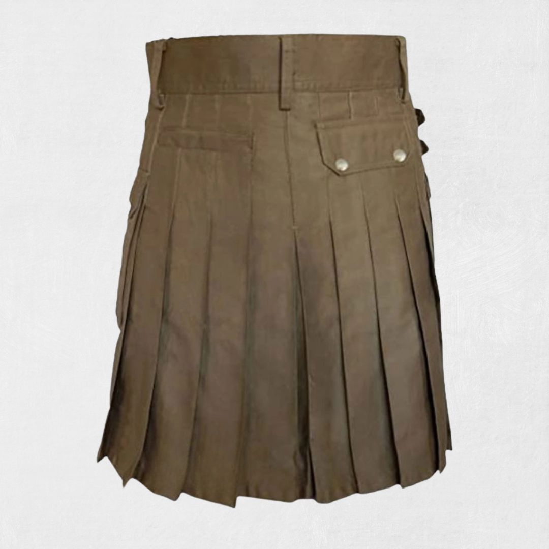 Hand-Made Brown Utility Kilt – Rear View with Pleats and Straps