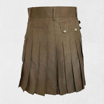 Hand-Made Brown Utility Kilt – Rear View with Pleats and Straps