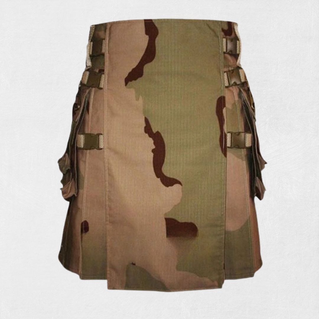 Hand-Made Desert Camouflage Utility Kilt – Front with Cargo Pockets