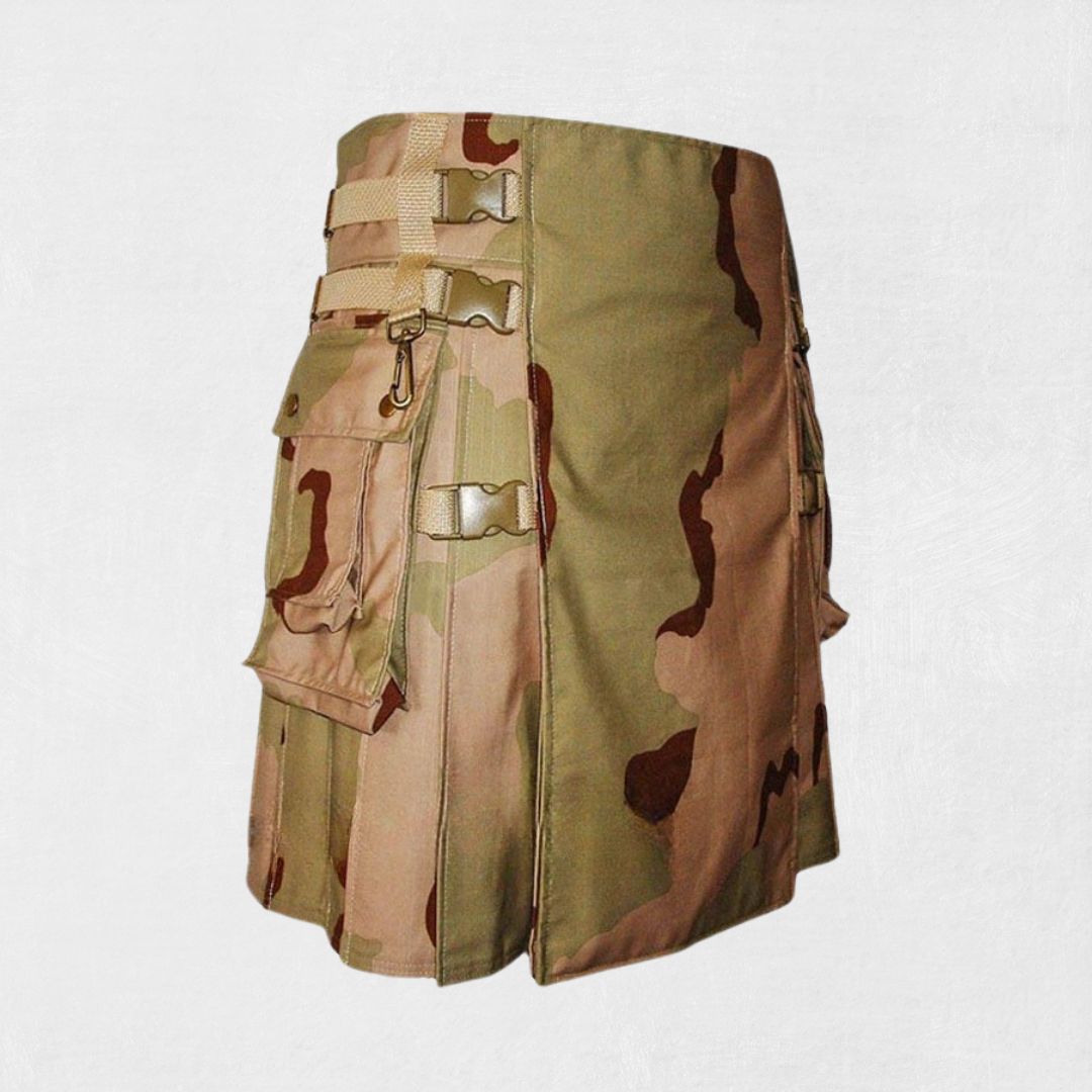 Hand-Made Desert Camouflage Utility Kilt – Side view with Cargo Pockets