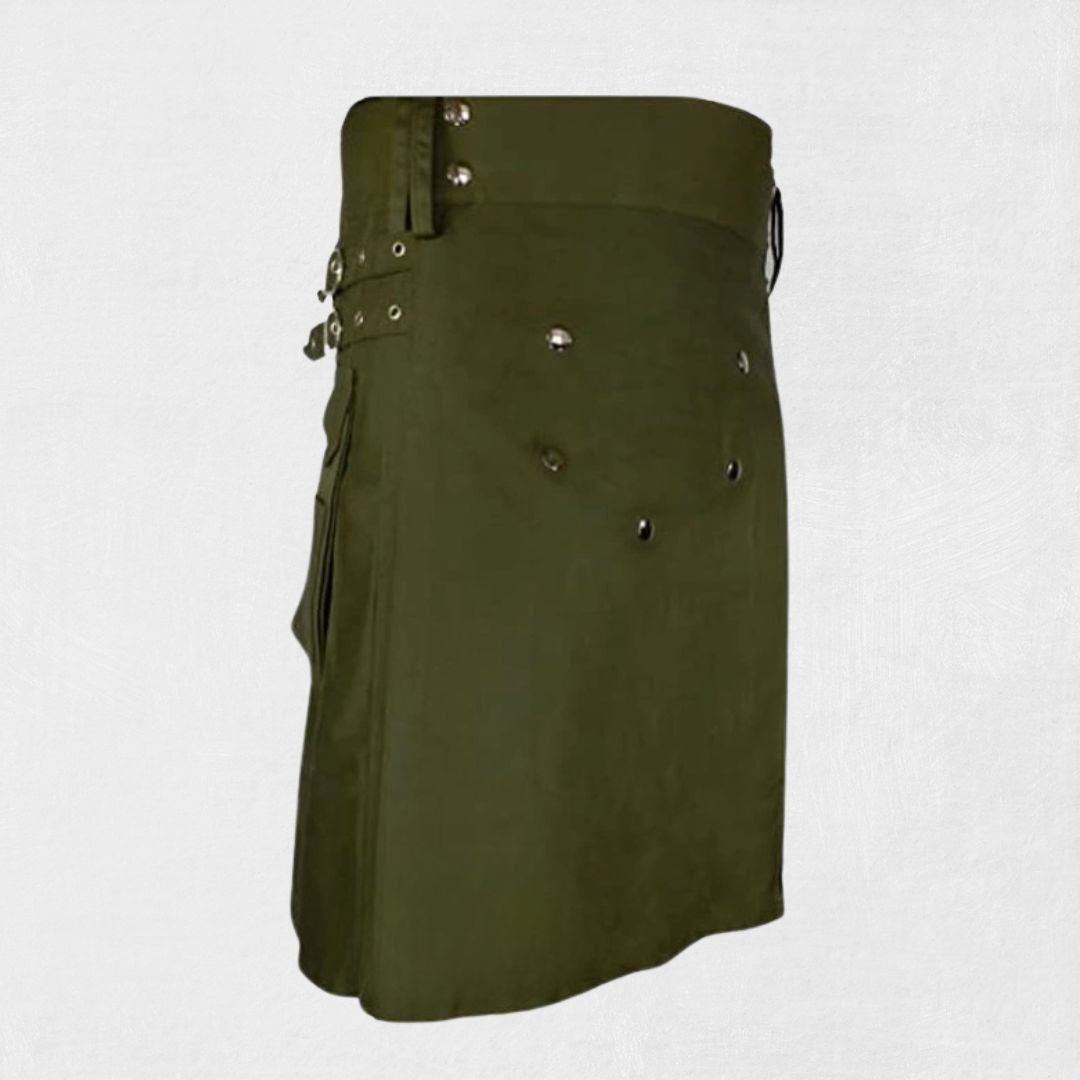 Hand-Made Modern Utility Kilt – Front View with Adjustable Straps and Pockets