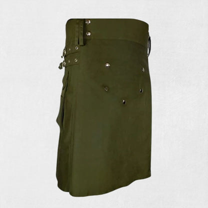 Hand-Made Modern Utility Kilt – Front View with Adjustable Straps and Pockets