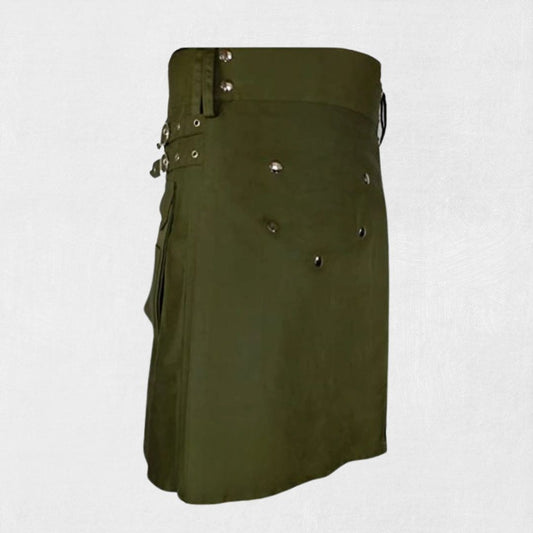 Hand-Made Modern Utility Kilt – Front View with Adjustable Straps and Pockets