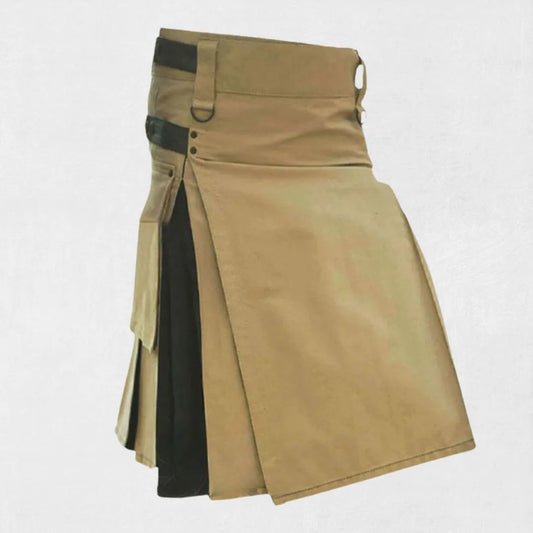  Front view of the Premium Quality Khaki & Black Hybrid Utility Kilt,  unique color combination of khaki and black along with its practical pockets.