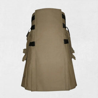 Front view of the Premium Quality Khaki Canvas Cotton Utility Kilt, showcasing the khaki color, multiple pockets, and utility kilt design.