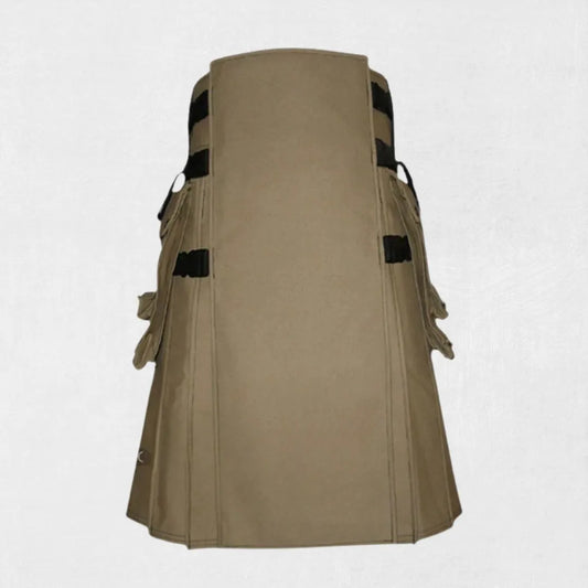 Front view of the Premium Quality Khaki Canvas Cotton Utility Kilt, showcasing the khaki color, multiple pockets, and utility kilt design.