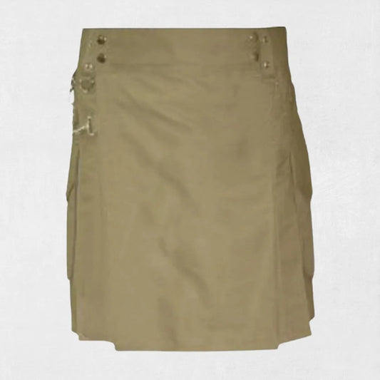 Front view of the Premium Quality Khaki Utility Kilt, showcasing the classic khaki color and multiple functional pockets.