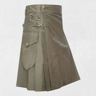 Front view of the Premium Quality Light Color Olive Utility Kilt, showcasing the light olive color and multiple functional pockets.