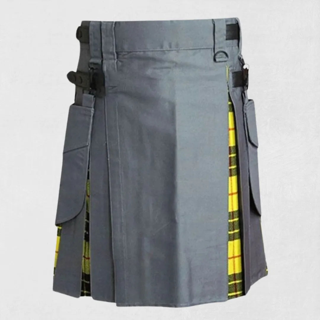 Front view of the Premium Quality MacLeod of Lewis Tartan Hybrid Kilt, showcasing the vibrant tartan pattern and hybrid design.