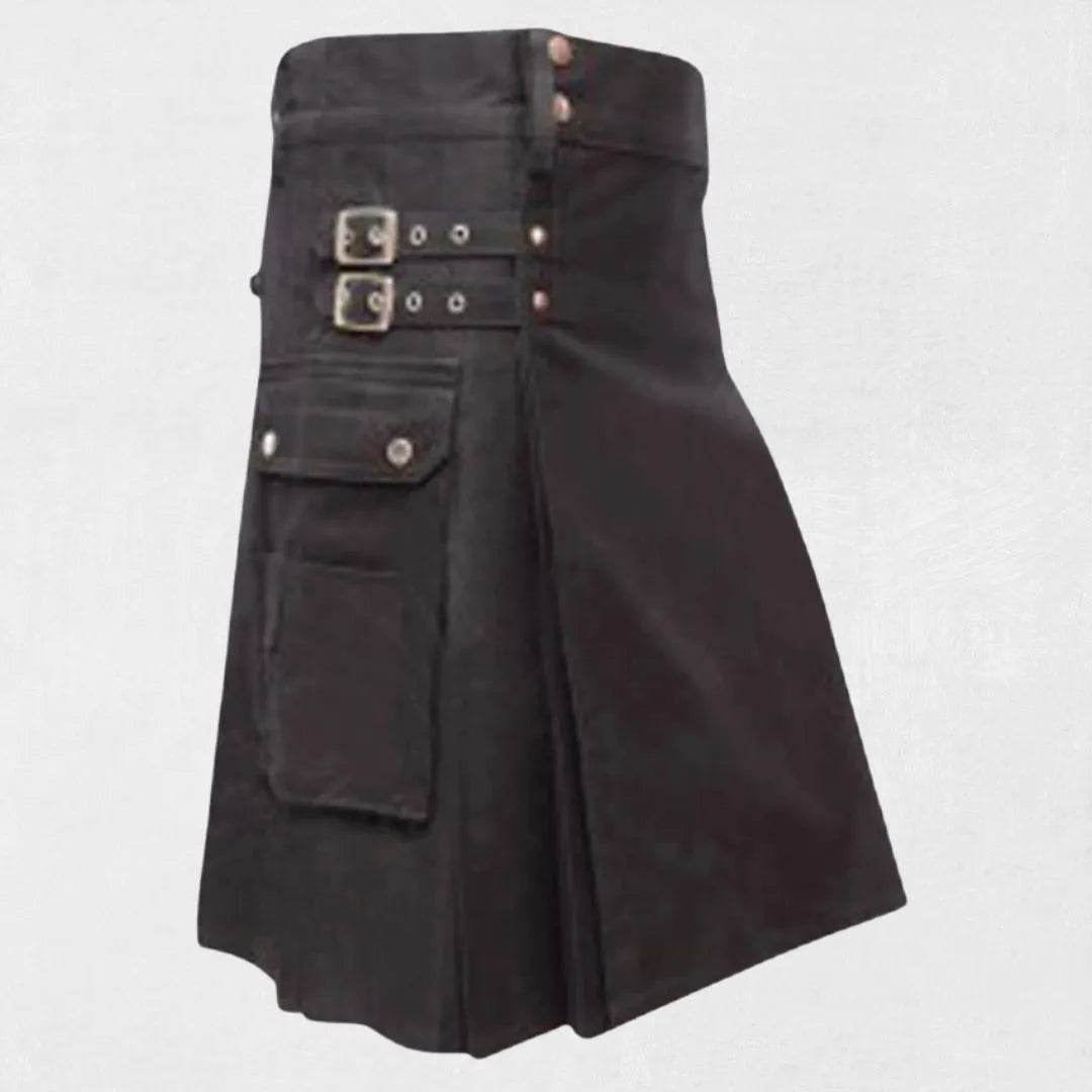Front view of the Premium Quality Men's Black Utility Kilt, showcasing the sleek black color and multiple functional pockets.