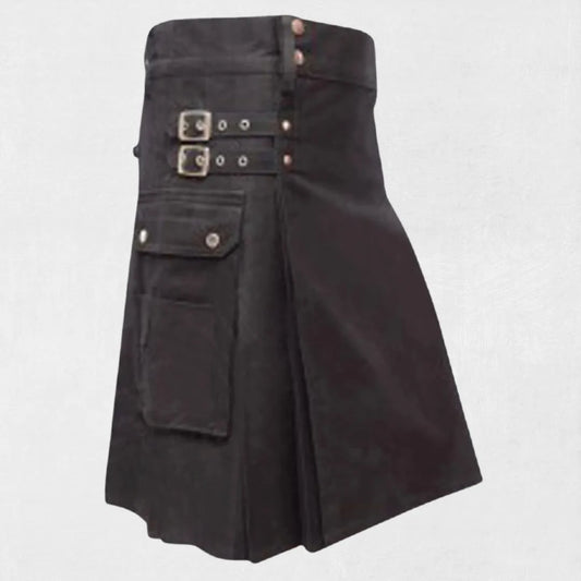 Front view of the Premium Quality Men's Black Utility Kilt, showcasing the sleek black color and multiple functional pockets.