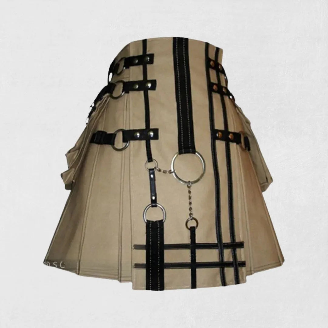 Front view of the Premium Quality Men's Fashion Utility Kilt with Side Pocket Design, showcasing the modern side pockets and sleek kilt design.