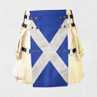  Front view of the Premium Quality Men's Hand-Made Fashion Utility Kilt Design, highlighting the stylish design, functional pockets, and adjustable waist.
