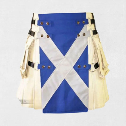  Front view of the Premium Quality Men's Hand-Made Fashion Utility Kilt Design, highlighting the stylish design, functional pockets, and adjustable waist.