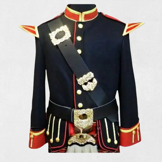 Front view of the Premium Quality Military Drummer Doublet Bagpiper Jacket, showcasing its intricate detailing, ornate buttons, and tailored military design.
