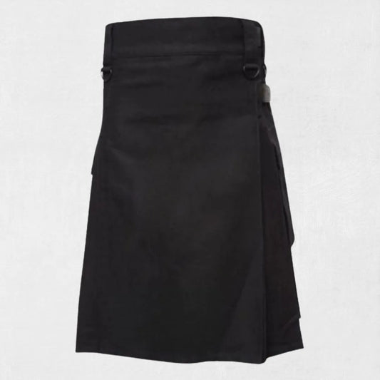  Front view of the Premium Quality Modern Black Utility Kilt, showcasing its sleek black design and functional utility pockets.