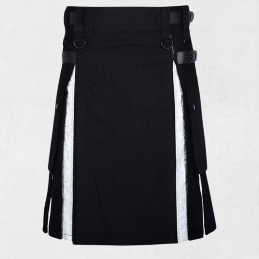 Front view of the Premium Quality Modern Black & White Utility Kilt, highlighting the bold black and white design along with its functional utility pockets.