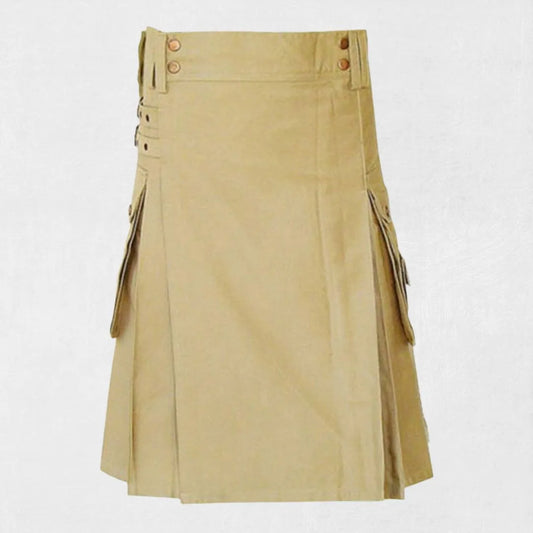 Front view of the Premium Quality Modern Khaki Utility Kilt, showcasing the khaki color and multiple functional pockets.