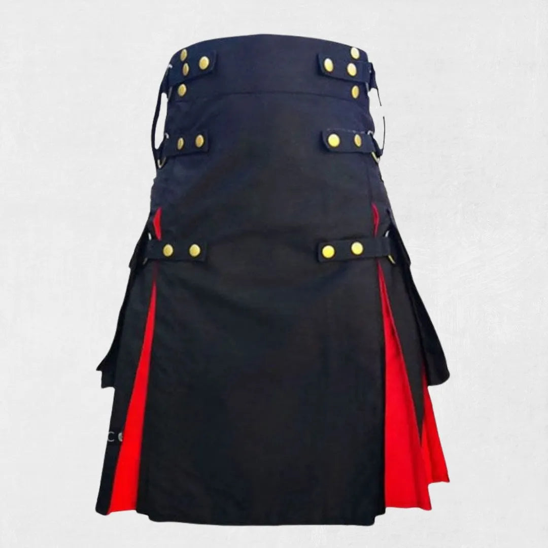  Front view of the Premium Quality New Style Black & Red Modern Kilt, showcasing the bold black and red color combination and stylish design.
