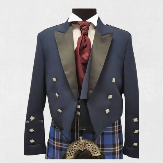 Front view of the Premium Quality Prince Charlie Jacket in Blue, showcasing its sharp tailored fit, detailed button closures, and satin trim in a rich blue color.
