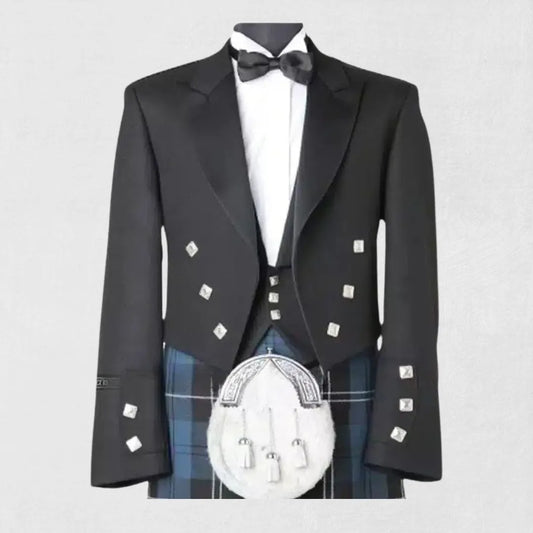 Front view of the Premium Quality Prince Charlie Jacket with Vest, showcasing the sharp tailored fit, detailed button closures, satin trims, and the matching vest for an elegant look.
