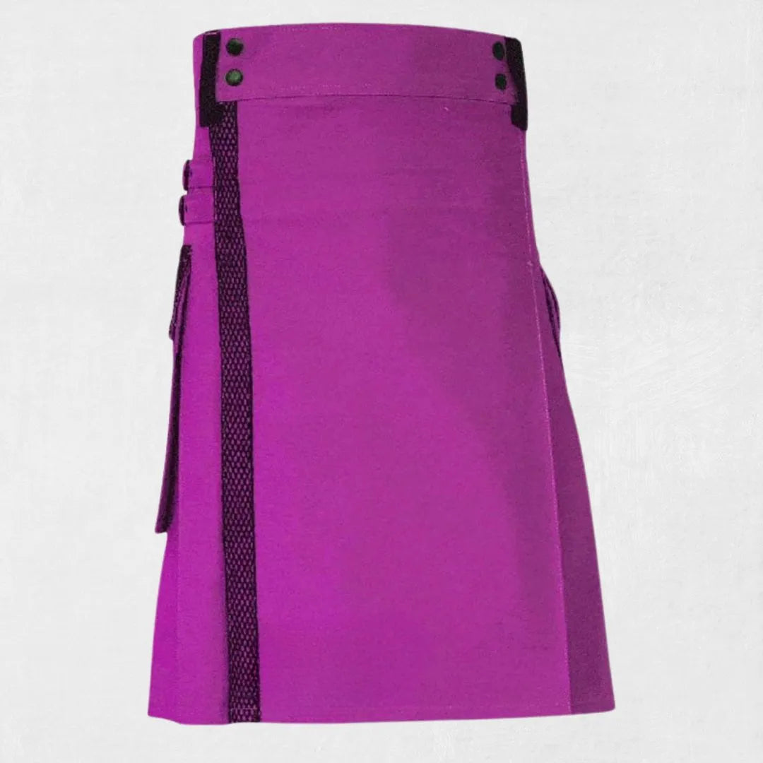 Front view of the Premium Quality Purple Utility Kilt with Net Pocket, showcasing the vibrant purple color and unique net pocket design.
