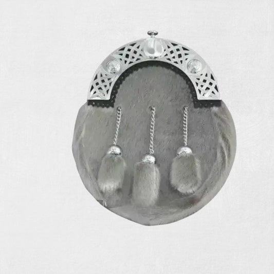 Front view of real grey rabbit fur sporran with chrome cantle and three tassels