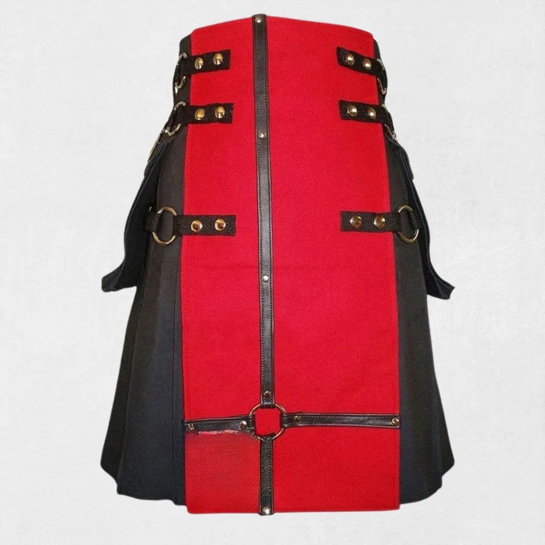 Front view of the Premium Quality Red & Black Utility Kilt, showcasing the bold red and black color combination and multiple functional pockets.
