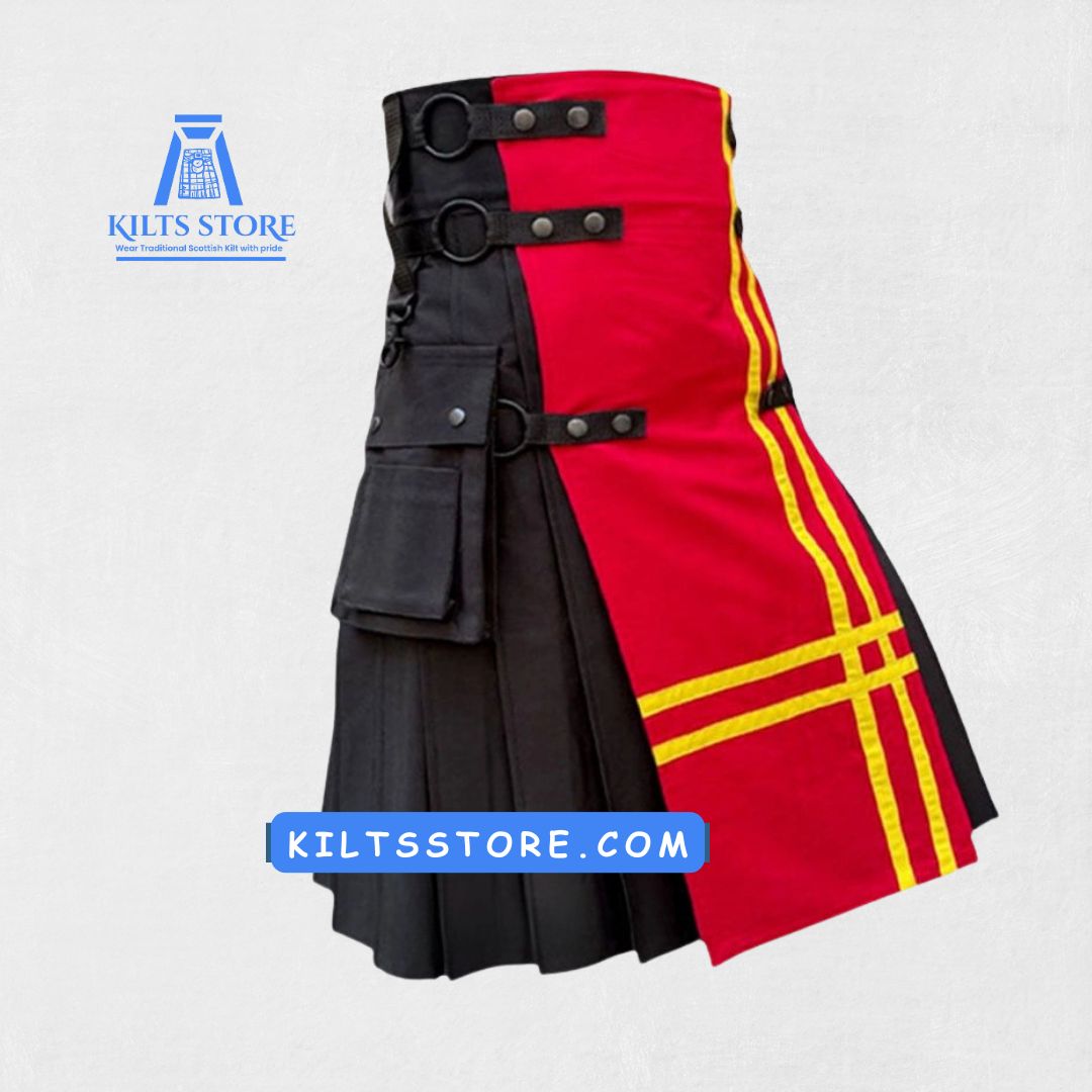 Side view of the Premium Quality Hand Made Scottish Modern Hybrid Kilt emphasizing its sleek fit and expert craftsmanship.