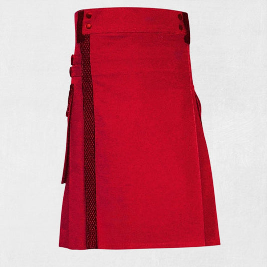  Front view of the Premium Quality Red Utility Kilt with Net Pockets, highlighting the bold red color and breathable net pocket design.