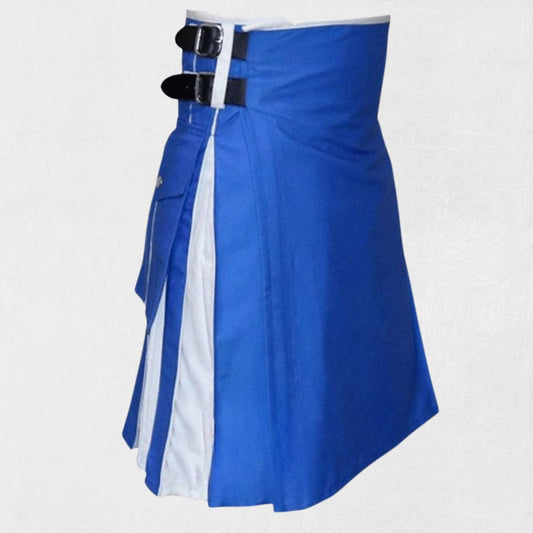  Front view of the Premium Quality Royal Blue Hybrid Kilt, showcasing the vibrant royal blue color and hybrid design features.