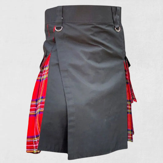Front view of Premium Royal Stewart and Black Cotton Hybrid Kilt with cargo pockets.