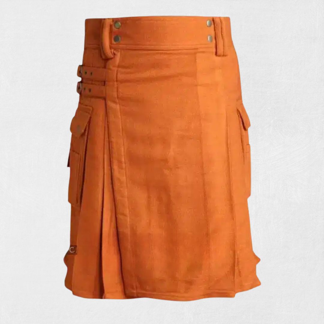  Front view of the Premium Quality Saffron Tartan Utility Kilt, showcasing the vibrant saffron tartan design and multiple utility pockets.