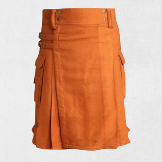  Front view of the Premium Quality Saffron Tartan Utility Kilt, showcasing the vibrant saffron tartan design and multiple utility pockets.