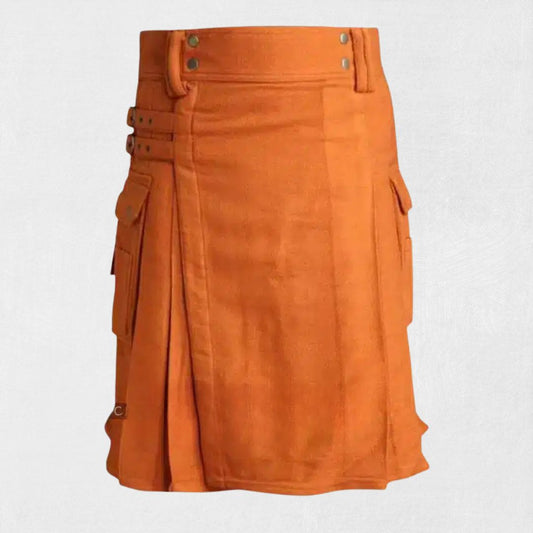  Front view of the Premium Quality Saffron Tartan Utility Kilt, showcasing the vibrant saffron tartan design and multiple utility pockets.