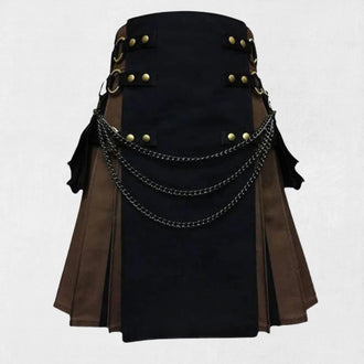 Front view of Black Brown Fashion Hybrid Utility Kilt with deep pockets