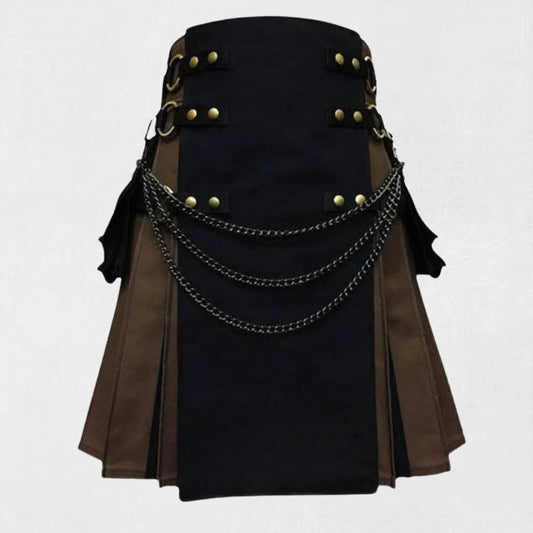 Front view of Black Brown Fashion Hybrid Utility Kilt with deep pockets