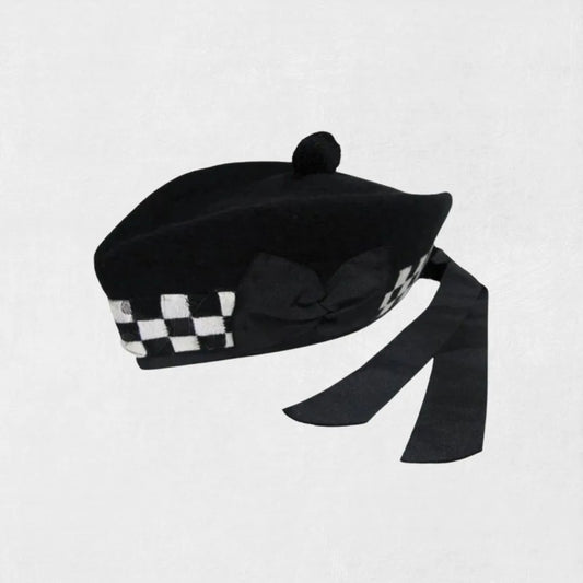  Front view of Premium Quality Scottish Black Glengarry Hat with classic styling.