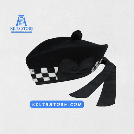  Front view of Premium Quality Scottish Black Glengarry Hat with classic styling