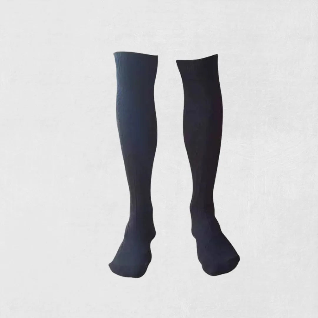 Scottish black kilt socks with Design 8 pattern, made from wool and cotton, ideal for events.