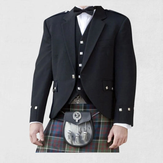 Front view of the Premium Quality Scottish Black Tweed Wool Argyle Jacket, showcasing the sleek black color, Argyle pattern, and tailored fit.
